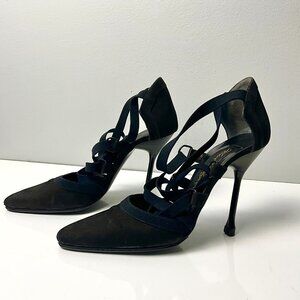 Karl Lagerfeld Black Suede Crisscross Elastic Front Pumps Stiletto Heels US 9 FR